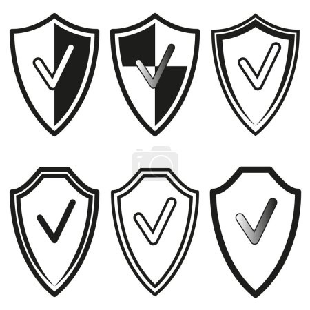 Set of shield icons with check marks. Security approval symbols. Vector illustration. EPS 10. Stock image.