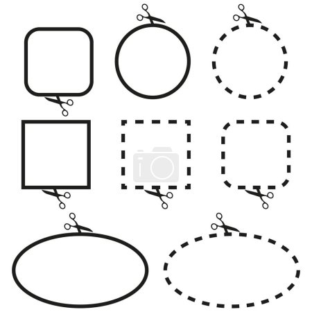 Scissor cut lines set. Circular, square, oval outlines. Coupon border icons. Vector illustration. EPS 10. Stock image.