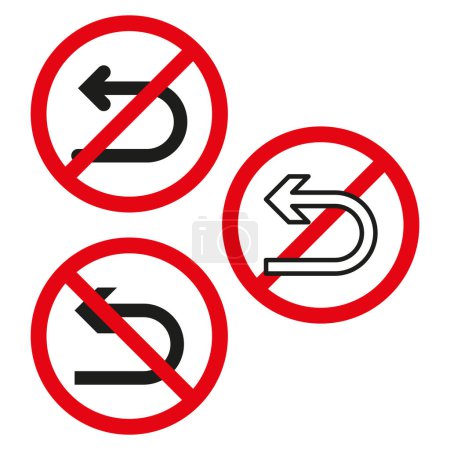 Signo de prohibición de giro en U. Símbolo rojo circular. Representación de reglas de tráfico. Ilustración vectorial. EPS 10. Imagen de stock.