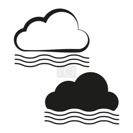 Iconos meteorológicos de niebla. Nube y niebla símbolos. Diseño blanco y negro. Ilustración vectorial. EPS 10. Imagen de stock.