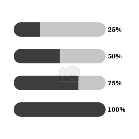 Progress bars in grayscale showing incremental completion in quarters. User interface design elements for tracking or loading. Vector illustration. EPS 10. Stock image.