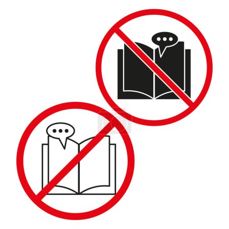 Prohibited conversation signs. No talking aloud and silent reading symbols. Library rules icons. Vector illustration. EPS 10. Stock image.