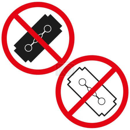 Signos de prohibición para cuchillas y navajas. No se permiten objetos afilados símbolos. Iconos de precaución vectorial. EPS 10.