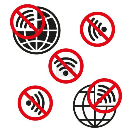 Illustration for Vector set of network restriction symbols. No Wi-Fi, no global connection. Monochrome connectivity icons. EPS 10. - Royalty Free Image