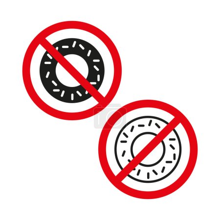 Keine Donuts erlaubt Zeichen. Verzehr von Lebensmitteln verboten. Verkauf von Süßigkeiten verboten. Donut Verbot Symbol. EPS 10.