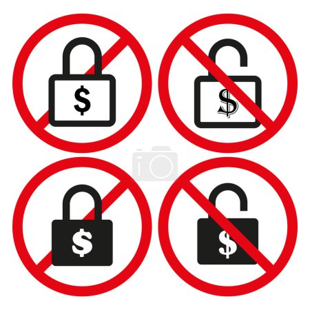 Prohibited financial security symbols. No dollar lock icons vector. Financial restriction signs set. Red and black warning design. EPS 10.