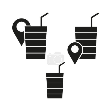 Minimalist location themed drink cups vector. Black takeaway beverage icons with map pins. Concept for mobile drink ordering. Modern design. EPS 10.