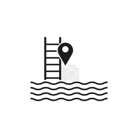 Minimalist swimming location vector. Ladder leading into water with location pin icon. Concept for recreational area or pool location. EPS 10.
