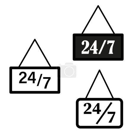 Panneaux triangulaires noirs avec 24 7. Vecteur toujours ouvrir des icônes. Symboles de service simples. Design minimaliste. SPE 10.