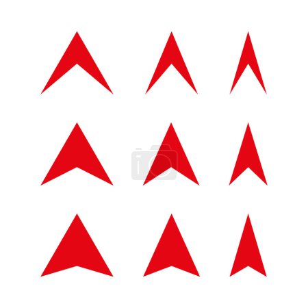 Red arrowheads set. Vector directional symbols. Upward pointing navigational icons. EPS 10.