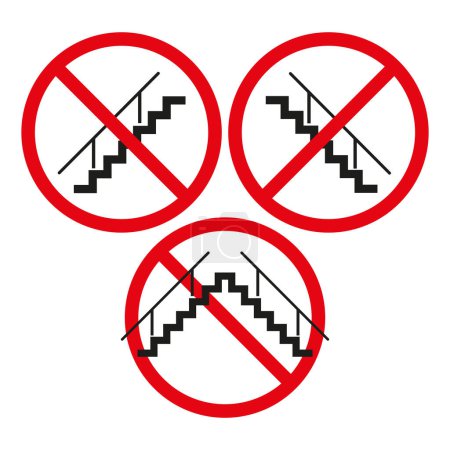 Panneaux d'interdiction d'accès aux escaliers. Pas de symboles d'utilisation des escaliers en rouge et noir. Icônes vectorielles d'avertissement de sécurité. SPE 10.