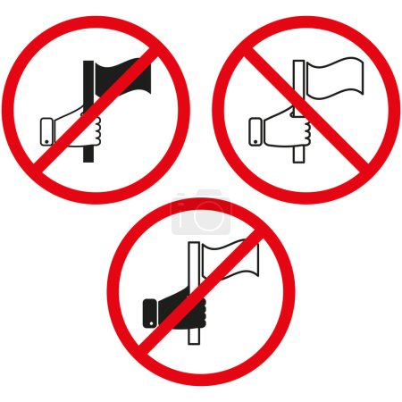 Vector symbols of no flag holding. Prohibition signs for flags in hand. Restricted flag display icons. EPS 10.