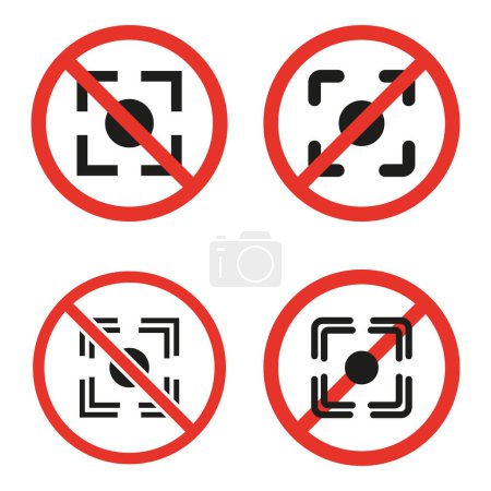 Prohibited autofocus icons set. No camera focus allowed symbols. Restricted photography or surveillance. Vector illustration. EPS 10. Stock image.