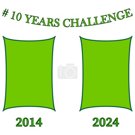 10 Jahre Herausforderung Konzeptvektor. Grüne Banner kennzeichneten 2014 und 2024. Soziale Medien fordern die Illustration heraus. Design für Zeitvergleiche. EPS 10.