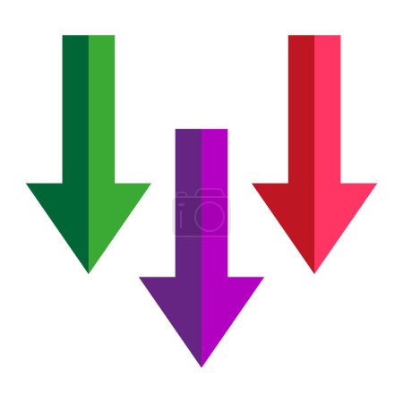 Colorful arrows pointing downward. Multicolored direction indicators vector. Green, purple, red arrow design. Simple navigation icons. EPS 10.