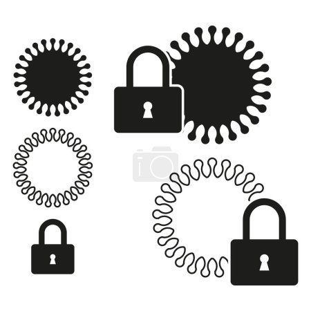 Secure connection icons set. Black virus and padlock symbols. Vector cybersecurity concept. EPS 10.