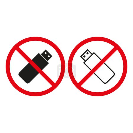 No USB drive icons. Red prohibition signs. Data storage banned. EPS 10.