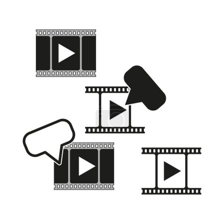 Filmstrip and play button icons vector set. Cinematography and video content symbols. Communication bubbles with film illustration. EPS 10.
