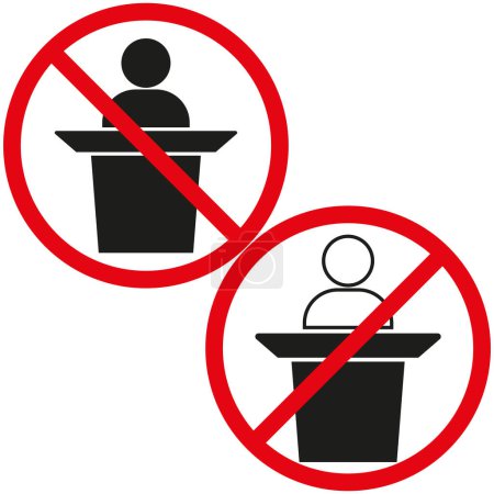 No public speaking allowed. Red prohibition signs. Vector speaker silhouettes. EPS 10.