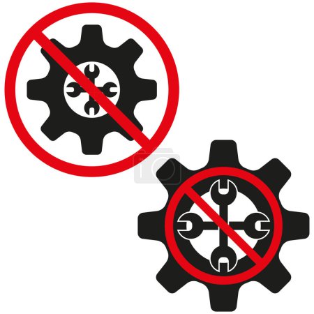 No maintenance icon. Gear with crossed wrenches. Red prohibition sign. Vector symbol. EPS 10.