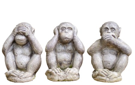 Three monkey small statues with the concept of Close your eyes, close your ears, close your mouth. isolated on white background with clipping path