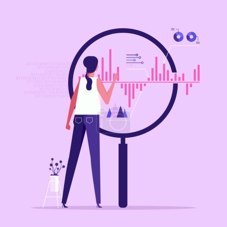Illustration for Analyst looking at digits and diagrams through magnifying glass. Concept of big data analysis, business analytics, statistical research. flat vector illustration for banner, poster - Royalty Free Image