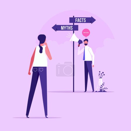 Illustration for Myths and facts Information accuracy in persons concept. Businesswoman and directional sign of facts versus myths Verify rumors scene. Fake news versus trust and honest data source - Royalty Free Image