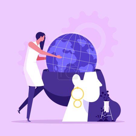 Photo for Woman standing on ladder at giant human head and putting planet Earth inside. Concept of global thinking, world intelligence, international business project, flat vector illustration - Royalty Free Image