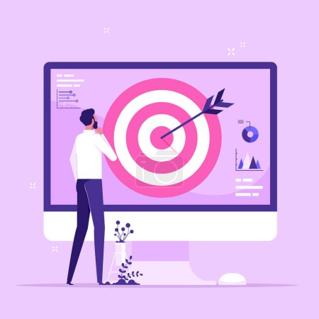 Illustration for Man looking and thinking at computer screen with shooting target and arrow in center. Concept of digital targeting marketing strategy, business goal, objective of startup project. Modern flat vector illustration - Royalty Free Image