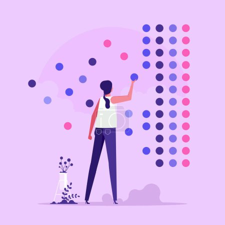 Illustration for Woman analyze big data. Data science. Concept of Big data engineering, analyzing statistics, classification and market research, vector illustration in flat design - Royalty Free Image