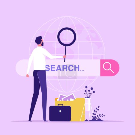 Téléchargez les illustrations : People searching information in internet. Man looking in magnifying glass with search bar. Web search in internet, online surfing, SEO. vector illustration in flat design - en licence libre de droit