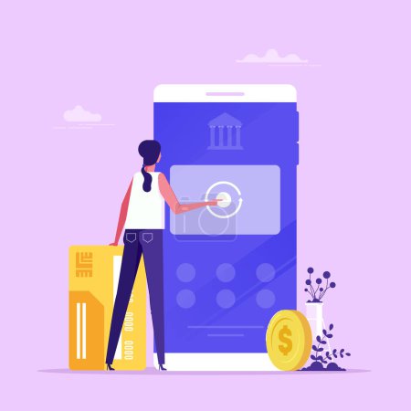 Ilustración de Ilustración de guardar y conectar la tarjeta bancaria a la aplicación móvil financiera, Sincronizar la tarjeta bancaria con el concepto de aplicación móvil - Imagen libre de derechos