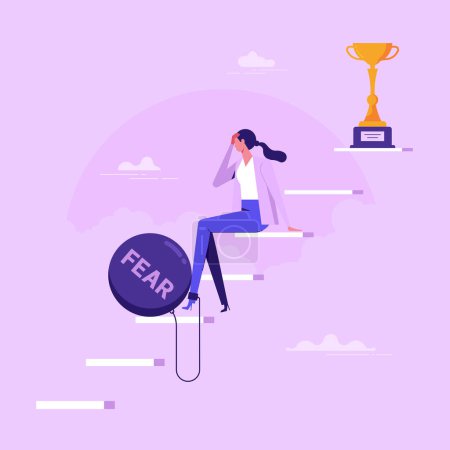 Illustration for Fear of failure, anxiety or stressed, negative emotion in career development, afraid of progress forward concept, depressed businesswoman sitting on stairway to success goal - Royalty Free Image