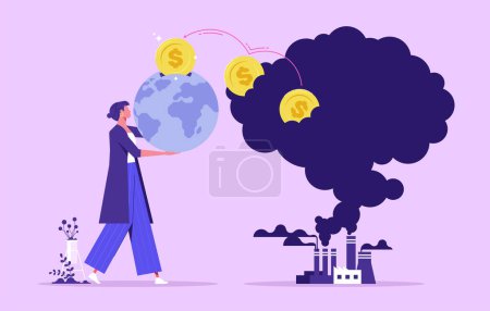 Illustration for Carbon tax payment as factory CO2 gas emissions charge concept. Polluted air damage pricing for greenhouse gases emitting reduction vector illustration. Pay money for fossil fuel burning - Royalty Free Image