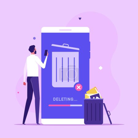 Illustration for Concept of delete file, cleaning smartphone, removing process. Man cleaning phone, smartphone with trash can sign. User removing files or documents to waste bin. Flat vector illustration - Royalty Free Image