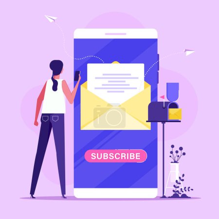 Téléchargez les illustrations : Woman subscribing to newsletter from phone. Concept of subscribe newsletter service, subscription, email subscribe, correspondence, contact us, flat vector illustration - en licence libre de droit