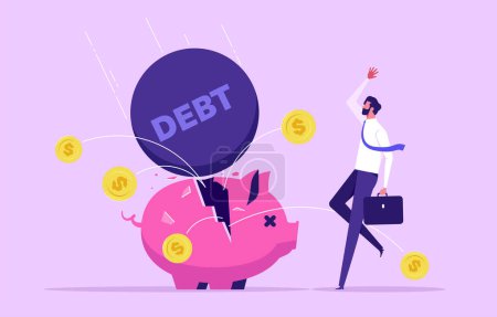 Illustration for Debt and loan problem, financial mistake, bankruptcy concept, metal balls with debt word breaking piggy bank - Royalty Free Image