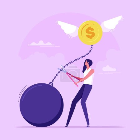 Illustration for Financial freedom or independence. Pay off debt. solve financial problems. Businesswoman cutting a chain release money coin frying into the sky - Royalty Free Image