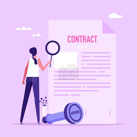 Illustration for Woman holding magnifying glass and examining document. Concept of business analysis, audit, professional check of documentation, investigation, inspection, flat vector illustration - Royalty Free Image