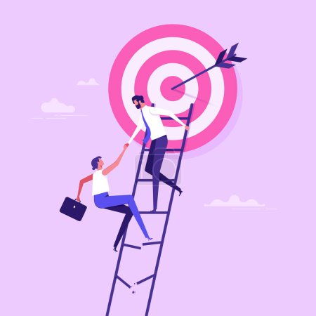 Illustration for Business team climb broken ladder overcome obstacles, business team trying to reach target with arrow in center, goals achievement, aim, strategy, vector illustration - Royalty Free Image