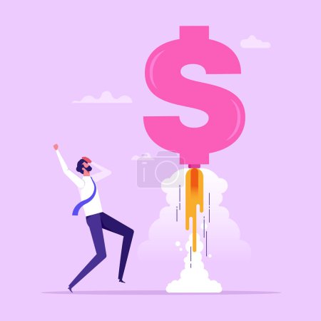 Illustration for Growth increasing business revenue or profit, rising investment earning concept, businessman or investor with dollar money sign launch rocket booster high in sky - Royalty Free Image