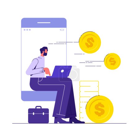 Illustration for Earn money online, remote work, mobile marketing. Man sitting on the phone display and make money online or man receiving money through the mobile Screen - Royalty Free Image