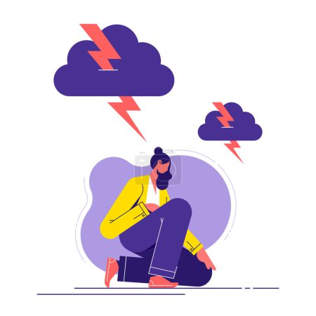 Téléchargez les illustrations : Stressé bouleversé femme avec un nuage de tempête et l'éclairage au-dessus de sa tête. Concept d'anxiété et de stress, émotions négatives, crise et dépression - en licence libre de droit
