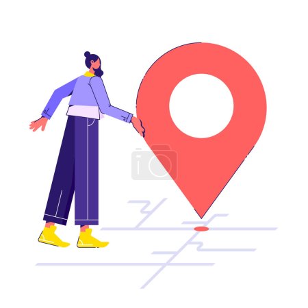 Illustration for GPS navigation service, get direction icon concept. Woman placing the pin tag on the map, flat vector illustration - Royalty Free Image