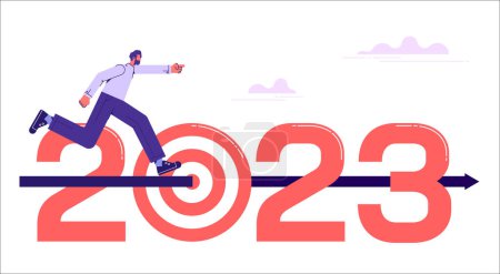 Ilustración de Objetivo rompiendo con éxito en 2023 año. Empresario corriendo en flechas a los objetivos en 2023 año, ilustración vectorial - Imagen libre de derechos