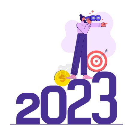 Illustration for Concept of seeing business opportunities and targets or goals. Economic prospects in 2023. Visionary sees the future. Businesswoman leader using telescope to see vision on top of 2023 numbe - Royalty Free Image