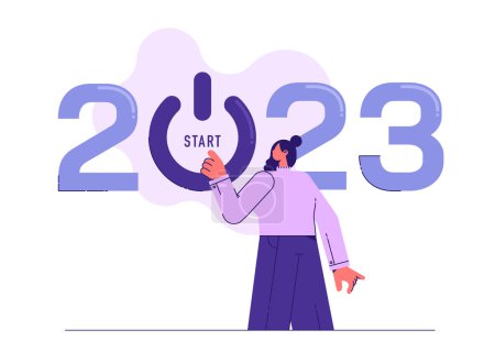 Illustration for New business or launch start up company in 2023 concept, Improvement, change management, woman pushing start button to start up new business in 2023 - Royalty Free Image