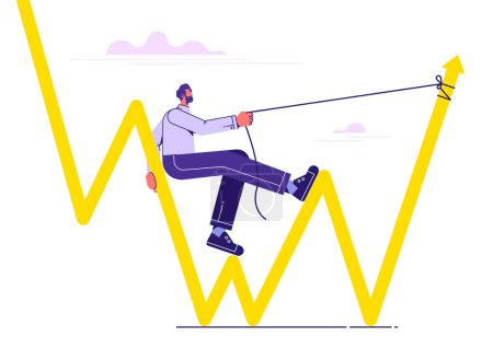 Businessman pulling financial graph arrow to be back rising up, leads a company out of crisis. Vector illustration with a financial arrow going up