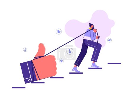 Illustration for Woman pulling heavy thumbs up icon of social media up stair case. Flat modern concept vector illustration of online networking - Royalty Free Image