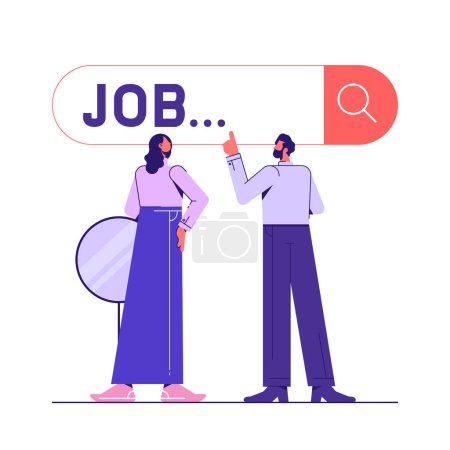 Téléchargez les illustrations : Employés à la recherche d'un emploi, Employés utilisant la loupe à la recherche d'un emploi sur la barre de recherche, à la recherche d'un emploi et le concept de poste vacant - en licence libre de droit